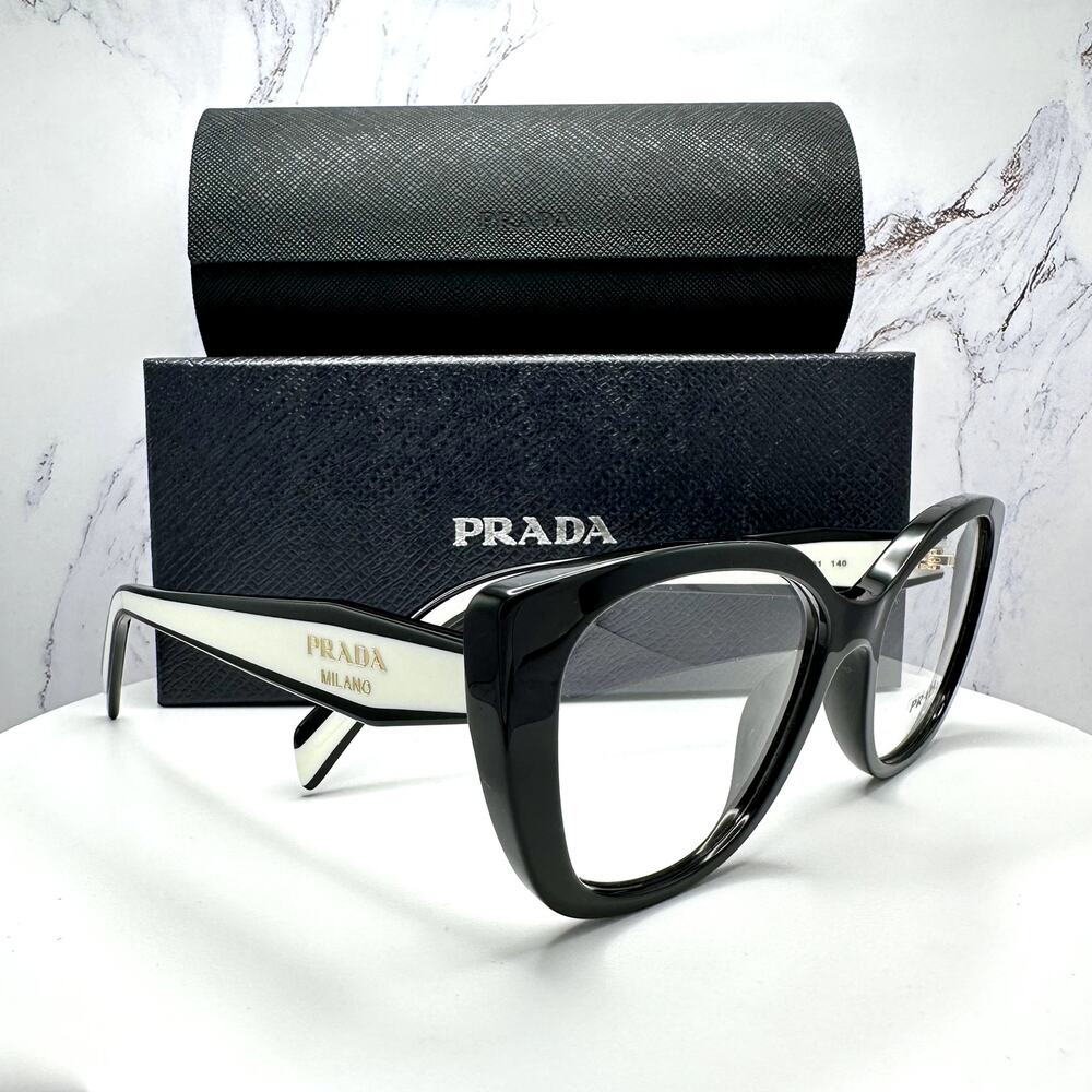 New PRADA Eyeglasses Cat Eye Black White Gold 53-17-140 Womens - Picture 12 of 16